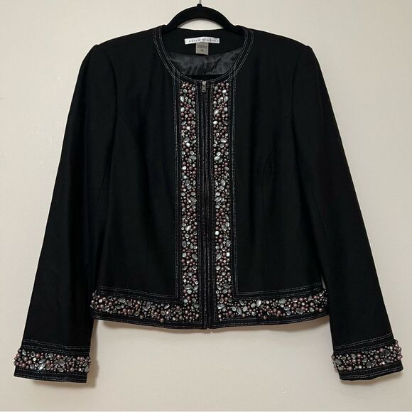 Peter Nygård Embellished Black Wool-Blend Beaded Open Front Jacket - Size‎ 10 - Picture 1 of 7